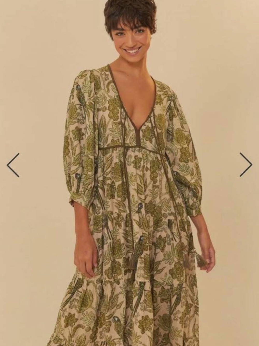 FARM Rio Olive Green Floral V-Neck Tiered Maxi Dress
